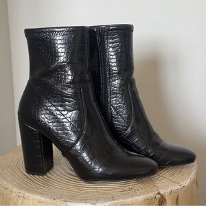 Aldo Black Chunky Heel Croc-Textured Heeled Women's Boots 7.5